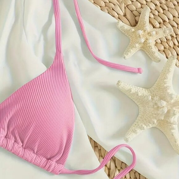 Bikini Set Halter Neck Swimwear, Adjustable Tie String (Color: Pink) - Picture 4 of 5